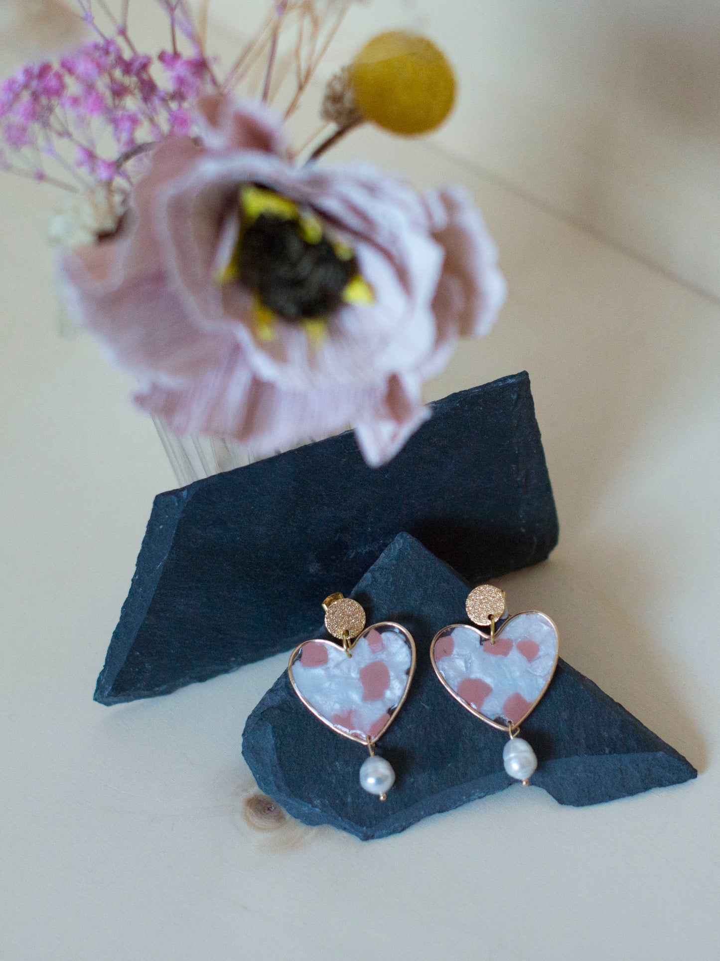 BIG HEART mother-of-pearl and peach - gold plated